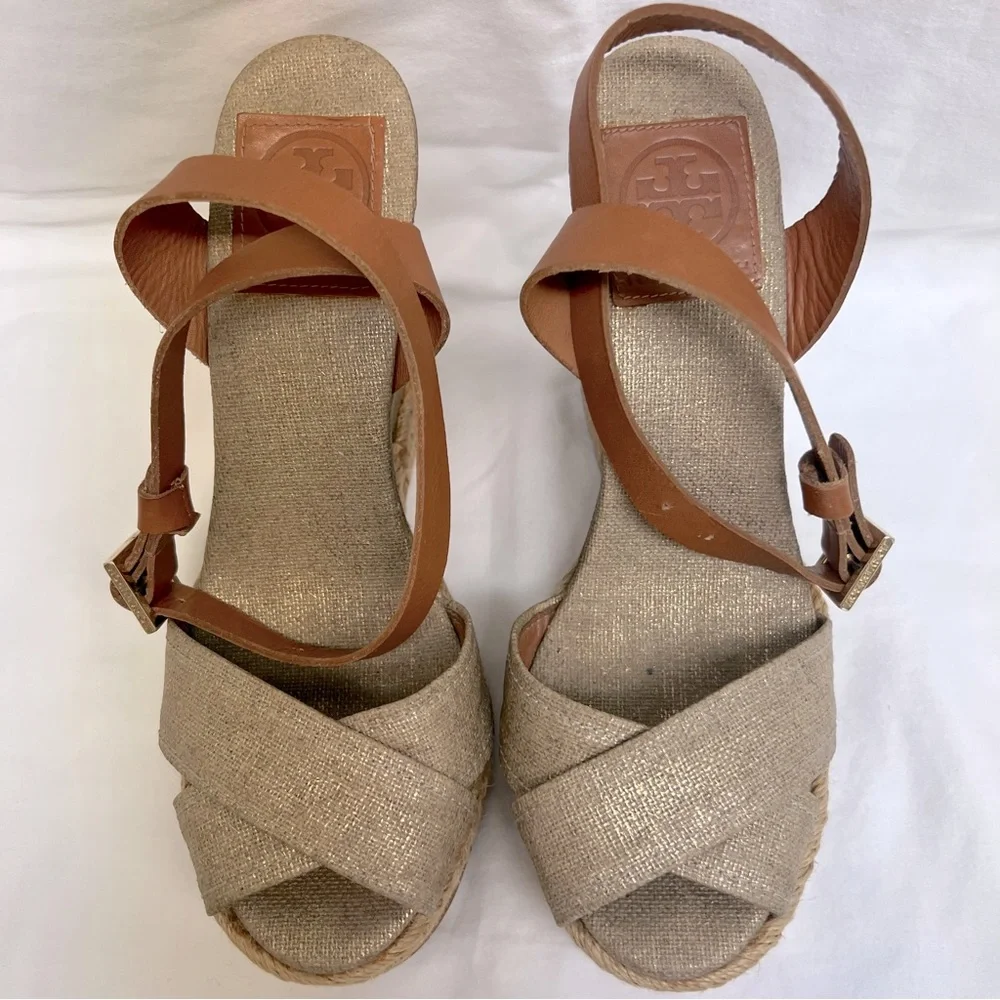 Tory Burch gold canvas wedge espadrilles with camel colored leather ankle strap - Picture 3 of 9